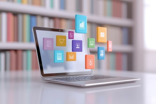 Laptop On Desk With Floating Icons