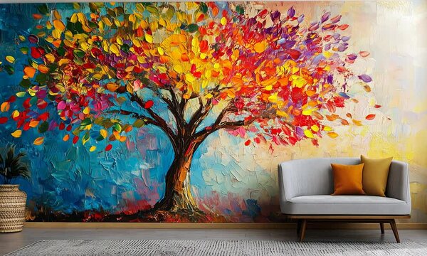A colorful, abstract, oil painting of a tree with leaves in various colors and textures against a blue background. The painting is on a wall with a gray couch in front of it.