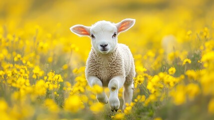 Fototapeta premium Golden Fleece, Sheep's Delightful Run Through Field of Sunshine Yellow Flowers