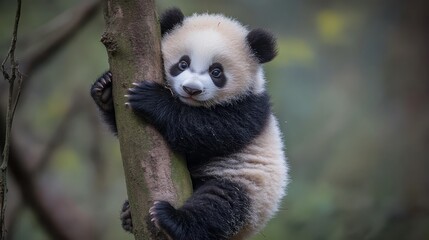 Obraz premium Panda's Playful Ascent, Captivating Glimpse of Climbing Panda in Its Natural Habitat