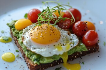 Fresh avocado toast with sunny side up egg cherry tomatoes