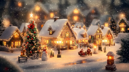 Christmas village with Snow in vintage style. Winter Village Landscape. Christmas Holidays. Christmas Card. 3d illustration