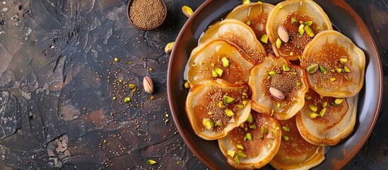Delicious Fresh Sweet Pancakes On A Plate With Pistachios And Poppy Delicious Hearty Breakfast