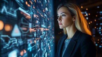 Naklejka premium Woman Analyzing Complex Data on Wall Display, Glimpse into the Future of DataDriven Decision Making