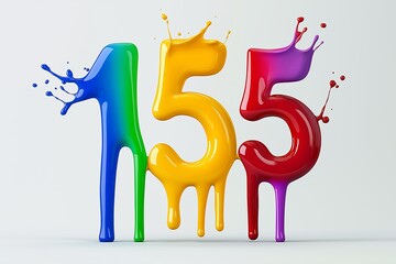 The number 155 is in red and yellow. It is surrounded by a splash of paint. number 155 composed of colored paint, dynamic splash, floating on pure white background, minimalist, 3d rendering