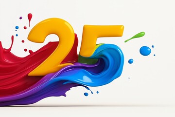 The number 25 is in red and yellow. It is surrounded by a splash of paint. number 25 composed of colored paint, dynamic splash, floating on pure white background, minimalist, 3d rendering
