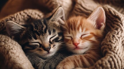 Two Adorable Kittens Find Comfort and Warmth in Cozy Blanket Cuddle Two