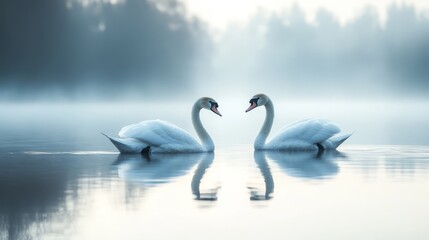 Two Swans in the Misty Embrace, Captivating Scene of Nature's Tranquility Two