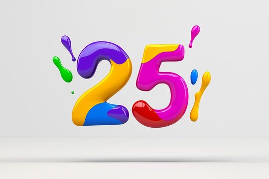 The number 25 is in red and yellow. It is surrounded by a splash of paint. number 25 composed of colored paint, dynamic splash, floating on pure white background, minimalist, 3d rendering - Powered by Adobe