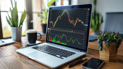 Laptop displaying real-time stock market data and graphs on desk in home office setting. Green and red candlestick charts financial trends, surrounded by plants work essentials.