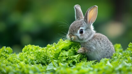 Fototapeta premium Adorable Brown Rabbit Enjoys Healthy Meal of Fresh Lettuce