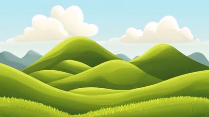 Obraz premium Whimsical Cartoon Landscape with Rolling Green Hills and Fluffy White Clouds