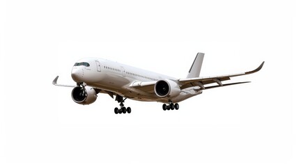 Obraz premium A commercial airplane with a clear white background for a clean, professional look. A clear white background enhances the sleek structure of a commercial airplane, perfect for showcasing aviation.