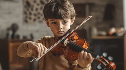A young boy plays the violin with concentration.