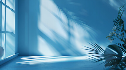 Shadow of tropical palm leaves on white wall. Minimal abstract light white background for product presentation,Background template template in pastel blue colors with palm leaf shadow
