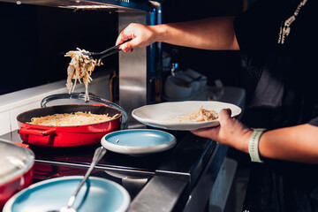 Food Buffet Catering Dining Eating Party Sharing Concept.people group catering buffet food indoor in luxury restaurant with meat colorful fruits and vegetables