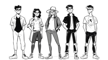 A black-and-white cartoon illustration of diverse people standing next to each other, dressed in smart casual attire