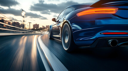 Rear view of blue Business car on high speed in turn. Blue car rushing along a high-speed highway.
