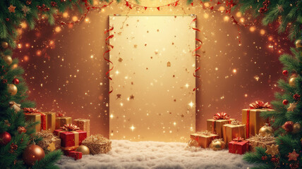 A festive doorway with sparkling lights and gifts during the holiday season