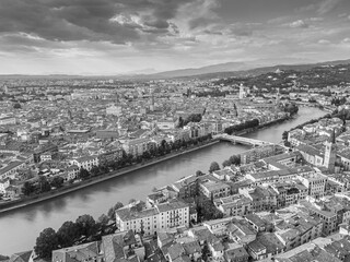Italy, September 22, 2024: Panoramic aerial view of the city of Verona in Veneto. Also called the city of love with its arena and the Adige river