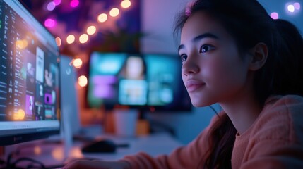 Asian teen girl coding in a colorful room at night, highlighting the future of digital skills