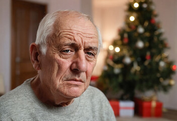 elderly man grandpa, caucasian, pensioner, christmas trees in the living room, sad depressed and annoyed, alone and lonely, sad and desperate and unmotivated
