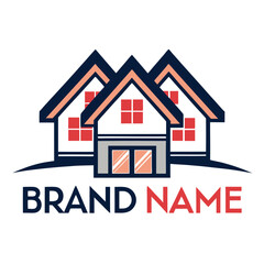A vector logo for a real estate business features a stylized house icon with a roof and building design, symbolizing property, sale, and housing construction