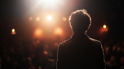 A man in silhouette gives a presentation to a large audience.