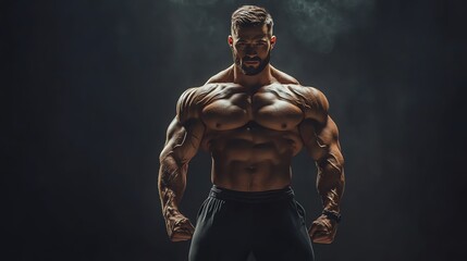 Fototapeta premium A muscular man flexes his bicep in front of a dark background with smoke.