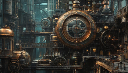 A Victorian-inspired mechanical world with gears, cogs, steam pipes, and brass accents, blending fantasy with machinery