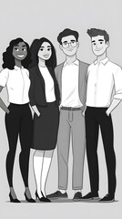Fototapeta premium A black-and-white cartoon illustration of diverse people standing next to each other, dressed in smart casual attire