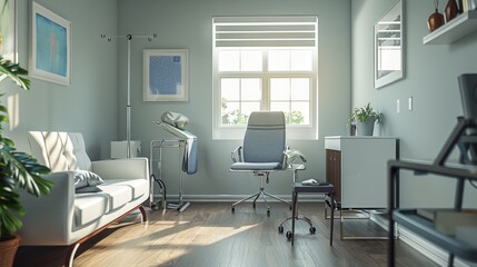 A small room with a white couch and a chair