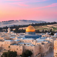 Fototapeta premium Visualize the skyline of Jerusalem and Palestine during dawn including the Dome of the Rock and the Western Wall.