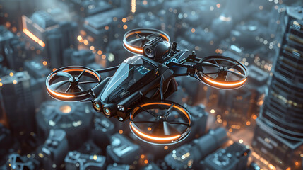 Fototapeta premium A small drone flying in the sky, surveillance, espionage. Neural network AI generated art