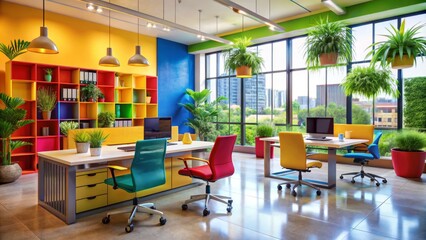 Obraz premium This modern Bangalore office showcases vibrant hues and unique furniture designs, creating a dynamic atmosphere that