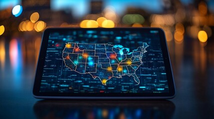Digital collage of a map of the United States on a tablet with glowing city highlights at night