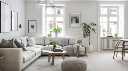Fototapeta premium A bright and airy living room featuring cozy sectional sofa, stylish decor, and large windows that invite natural light. space is adorned with plants, creating serene atmosphere