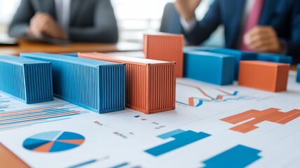 Logistics and warehousing industry meeting - Miniature container models and financial charts on a conference table, with businesspeople discussing future projects.