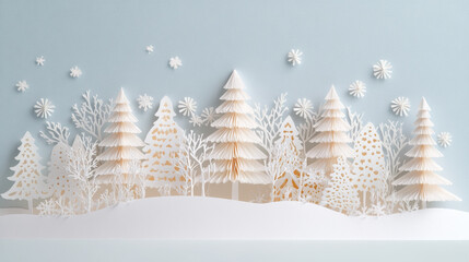 A serene winter landscape featuring intricate white paper trees and snowflakes against soft blue background. This charming scene evokes sense of calm and creativity