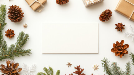 A festive arrangement featuring blank card surrounded by pinecones, gift boxes, and holiday decorations. Perfect for seasonal greetings and celebrations
