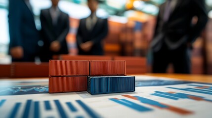 Logistics and warehousing industry meeting - Miniature container models and financial charts on a conference table, with businesspeople discussing future projects.