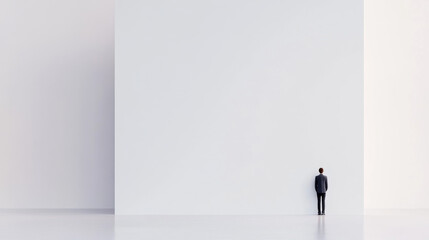 Obraz premium A solitary figure stands against vast, empty wall, evoking feelings of isolation and contemplation in minimalist space. simplicity of scene emphasizes enormity of surroundings