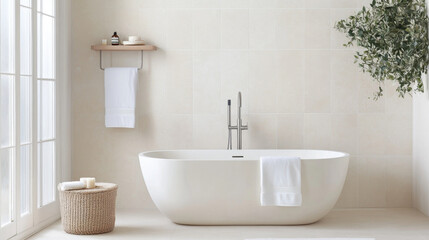 Fototapeta premium A serene bathroom featuring modern freestanding bathtub, soft towels, and minimalist design. natural light enhances calming atmosphere, perfect for relaxation