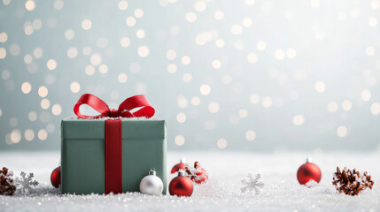 A beautifully wrapped green gift box with red ribbon sits on snowy surface, surrounded by festive decorations like red ornaments and pine cones, evoking joyful holiday spirit