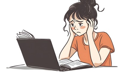 A simple cartoon drawing of a woman sitting at her laptop, with a sad expression