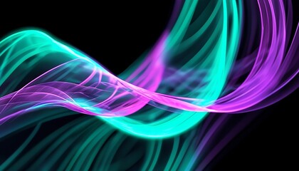 Naklejka premium 3D Abstract looping strands of violet and emerald light, coiling and dancing through a black void, casting a soft glow. Made with generative AI technology