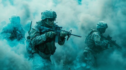 Three soldiers are in a battle, one of them is holding a rifle