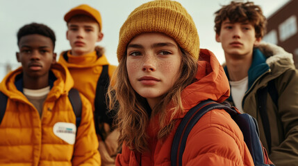 Obraz premium A group of young people wearing colorful winter jackets and hats, showcasing stylish outdoor look. Their expressions reflect sense of camaraderie and adventure