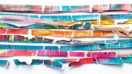 Multiple strips of ripped glossy magazine paper, showing colorful printed textures with frayed edges, all isolated on a white backdrop.