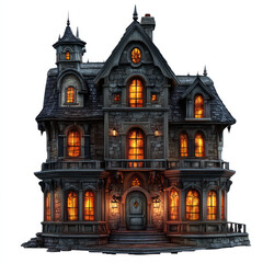 A spooky, Victorian-style mansion with ornate architecture and glowing windows, evoking a mysterious and supernatural atmosphere.